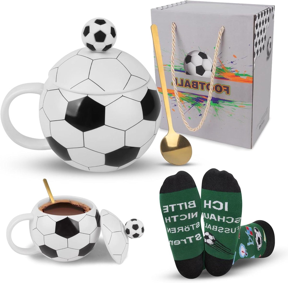 Koffiemok Voetbal - Keramische Beker - Drank Genieten - Uniek 3D Design - 350 ml - Wit Zwart