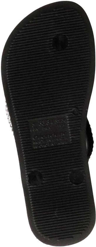 Zwarte slipper, onderkant met profiel en merklogo.