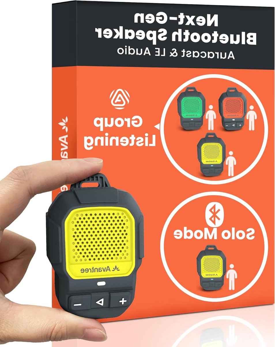 Draagbare Mini Luidspreker - Clip-on Speaker - Muziek en Gesprekken - Auracast Groepsfunctie - 15 Uur Speeltijd - Geel