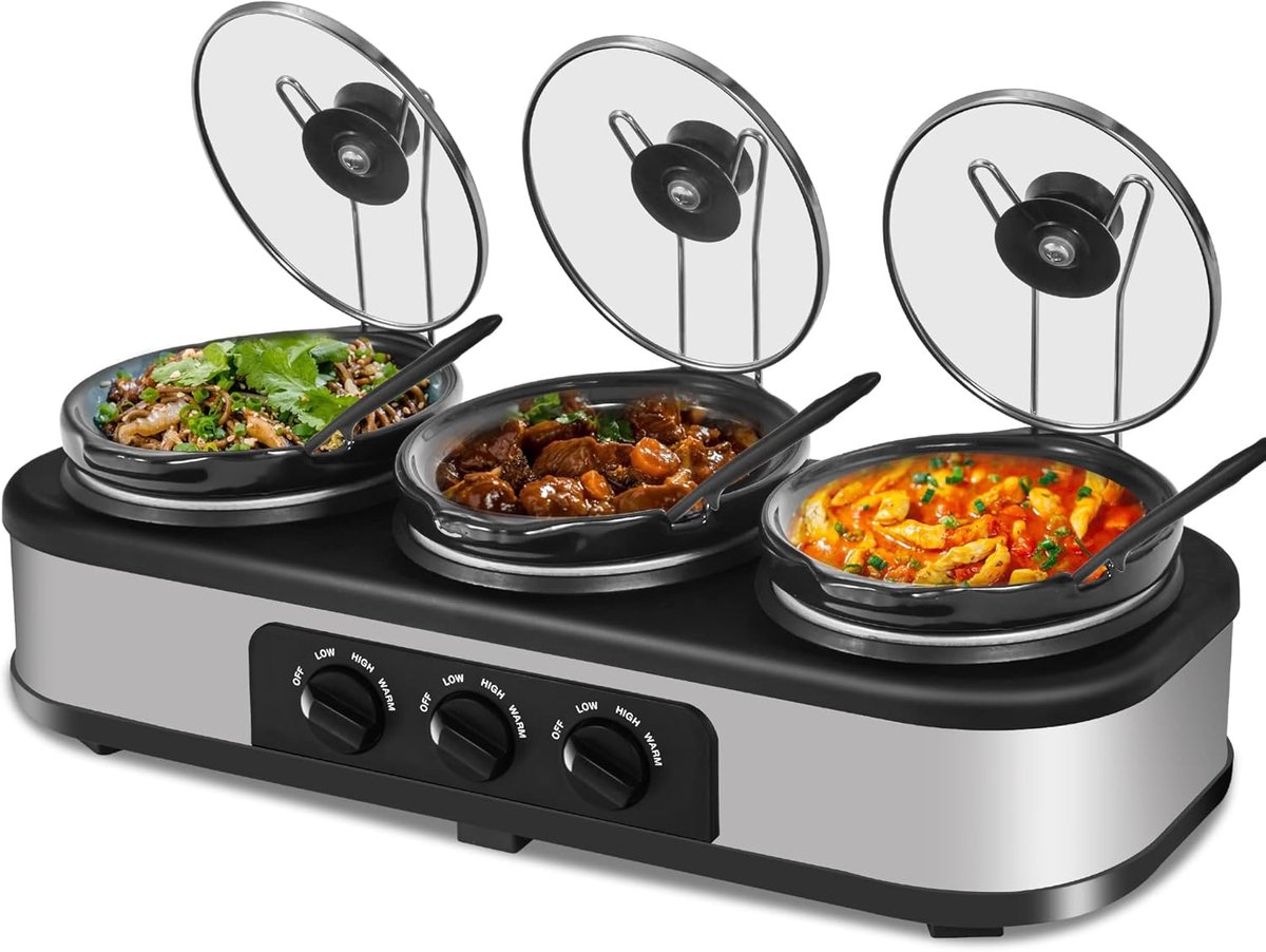 Triple Slow Cooker - Buffet Server - Feestelijke Maaltijden - Drie Aparte Pannen - 3x 1.5 Liter - Zilver