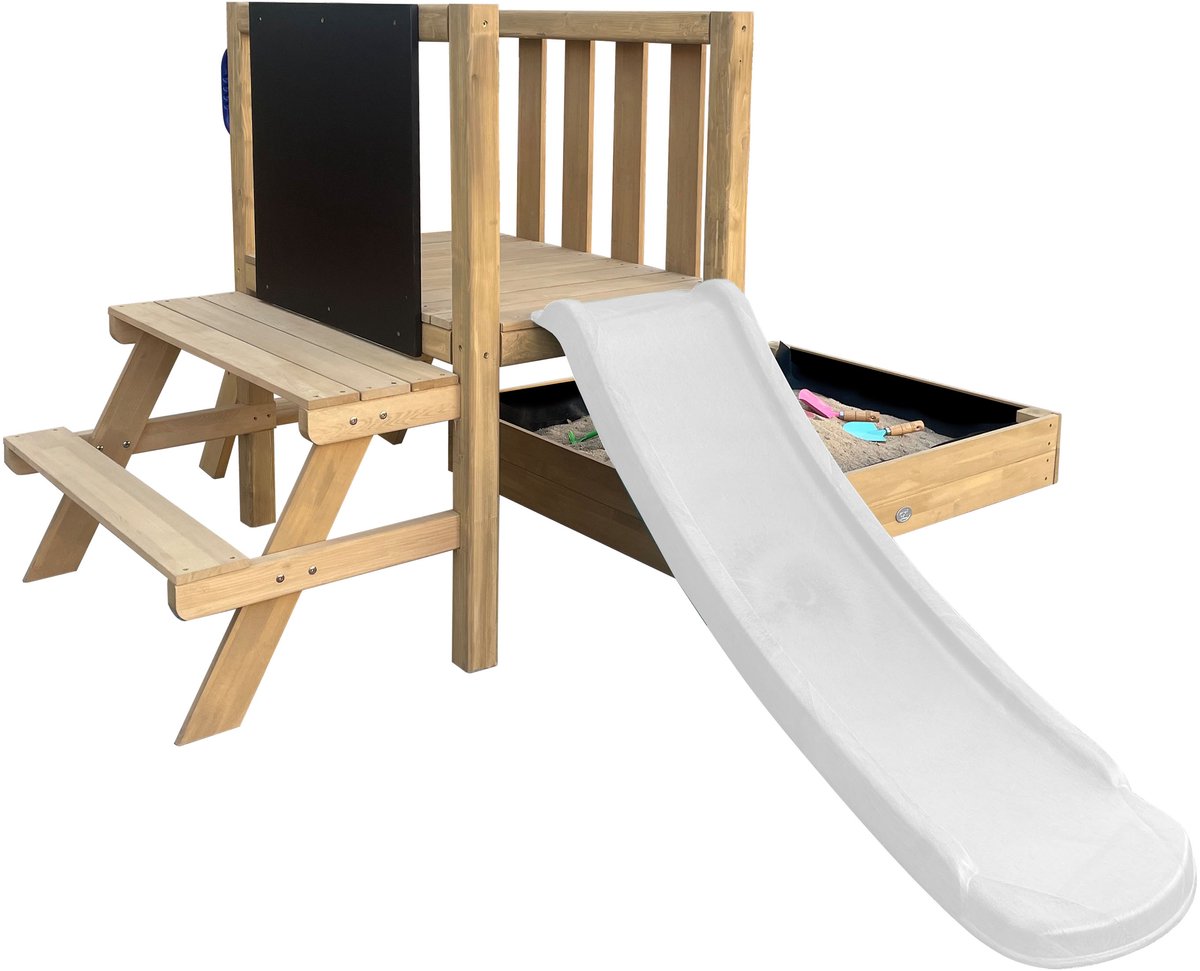 AXI Leah Mini Speeltoren met Zandbak en Picknicktafel – Witte Glijbaan – Met Krijtbord – FSC hout – Klein speeltoestel voor de tuin / buiten
