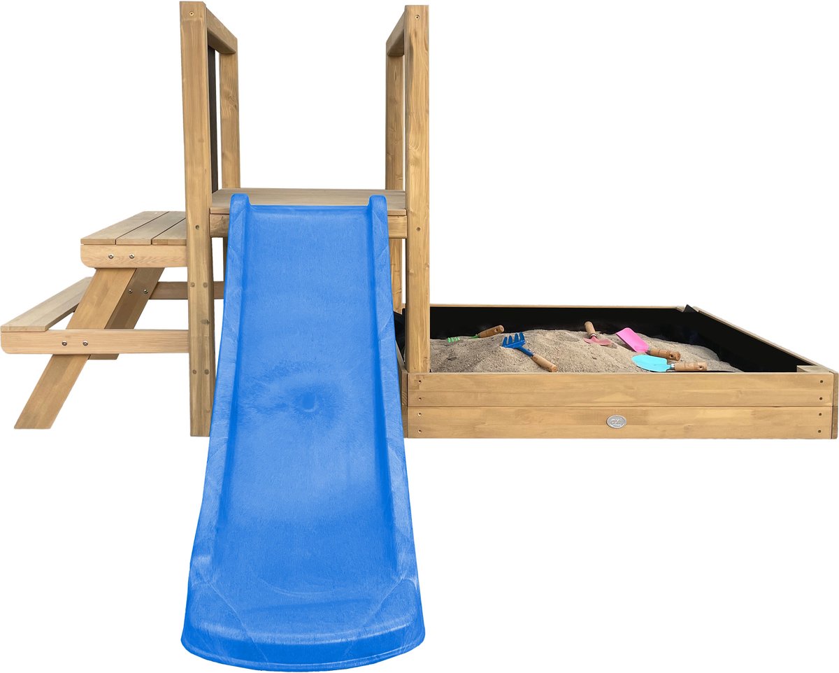 AXI Leah Mini Speeltoren met Zandbak en Picknicktafel – Blauwe Glijbaan – Met Krijtbord – FSC hout – Klein speeltoestel voor de tuin / buiten — afbeelding 3