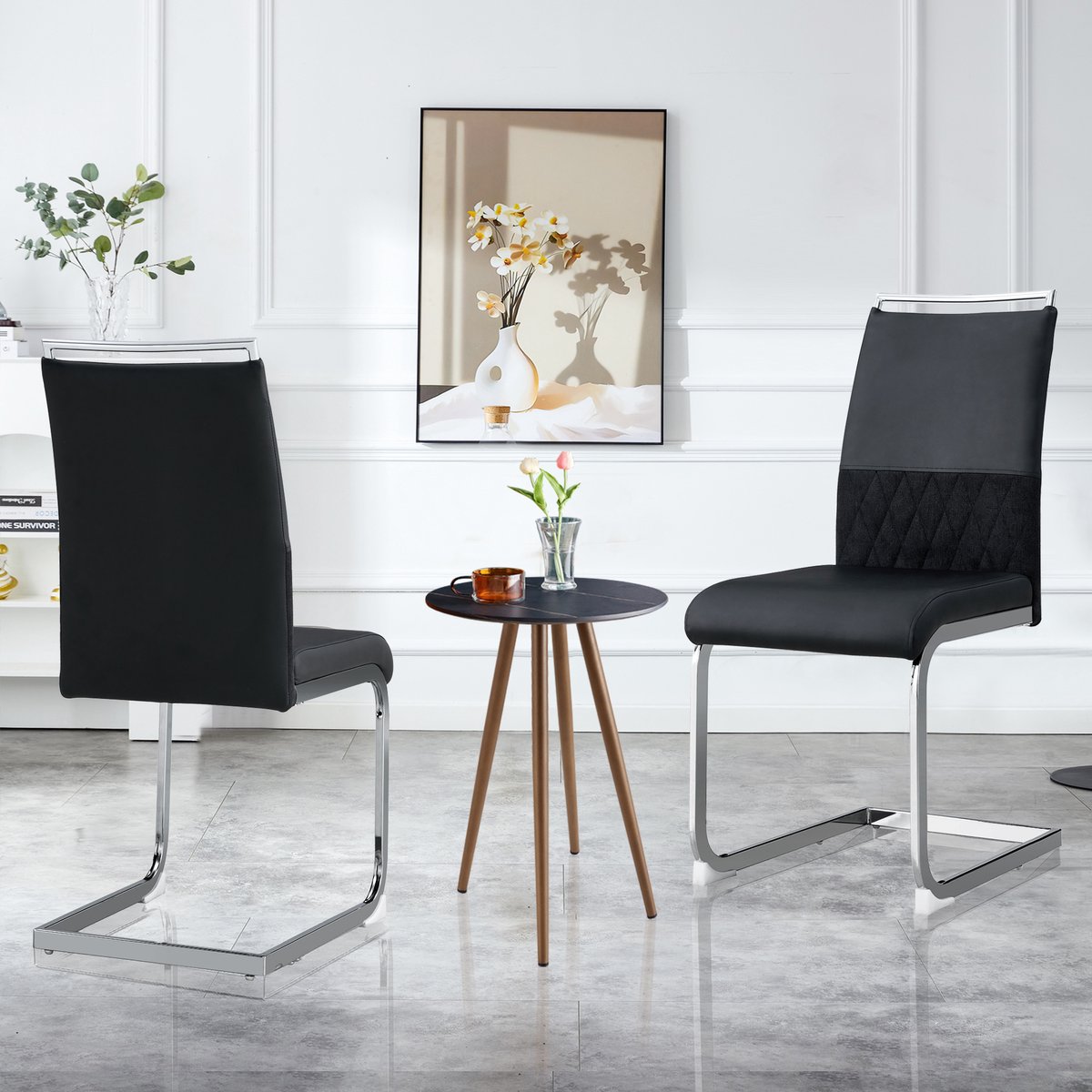 Clruro Eetkamerstoel - 2 Stuks - Hoog Rugleuning Side Chair met PU en Linnen - Comfortabel Gepolsterd - Voor Keuken en Kantoor - Zwart