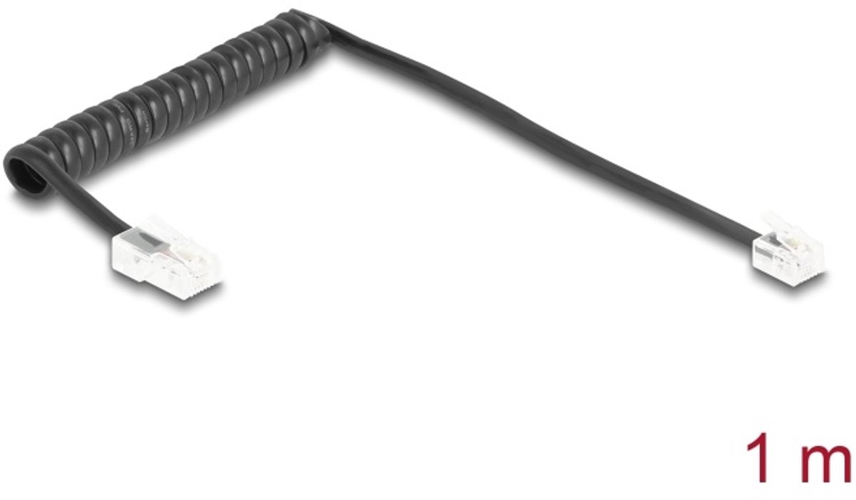 Delock Telephone Cable / Coiled Cable RJ11 plug to RJ45 plug black 1 m