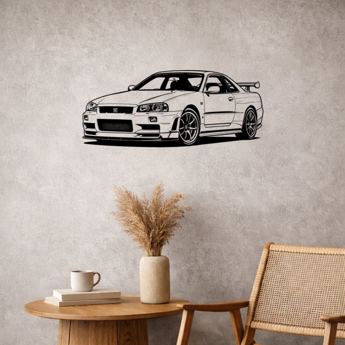 BR2Laser Nissan Skyline R34 – Wanddecoratie – Lasergesneden Hout – Autokunst – 75 cm Breed