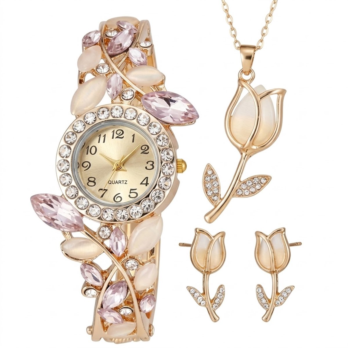 Roségoudkleurig analoog horloge dames - rond uurwerk met kristal accenten en roze sierstenen - decoratieve gevormde polsband - quartz horloge