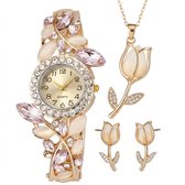 Roségoudkleurig Analoog Horloge Dames met Ketting en Oorbellen – Rond Quartz Uurwerk met Kristal Accenten en Roze Sierstenen – Decoratieve Polsband – Sieraden Set met Tulp Hanger en Bijpassende Oorstekers