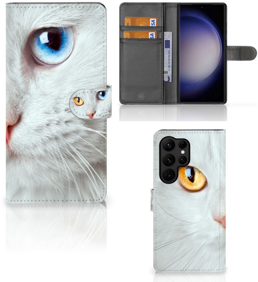 Samsung Galaxy S23 Ultra Telefoonhoesje met Pasjes Witte Kat