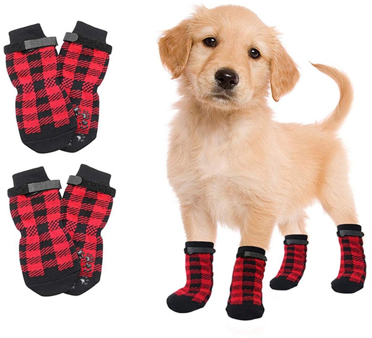 Aventrix Hondensokken Antislip – Maat L – Honden Sokken tegen Uitglijden en Likkende Poten – Klittenband – Pootbescherming Binnen & Buiten – Set van 4 - zwart/rood