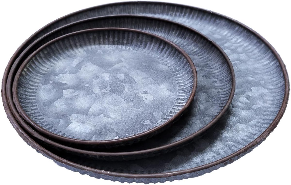 3-delige Vintage Ronde Gegalvaniseerde Trays - Decoratieve Metalen Schalen voor de Eettafe