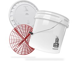 Wasemmer Set - Emmer met Deksel - Auto Wassen - Met Grit Guard Inzet - 13 Liter - Wit Rood