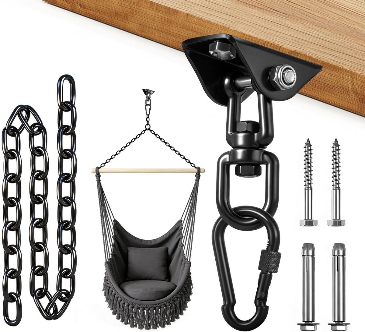 Hangmat Hangset - Schommelketting Hanger - Yoga Stoel Ophangen - 360 Graden Draaibaar - 1100 Lbs Capaciteit - Zwart