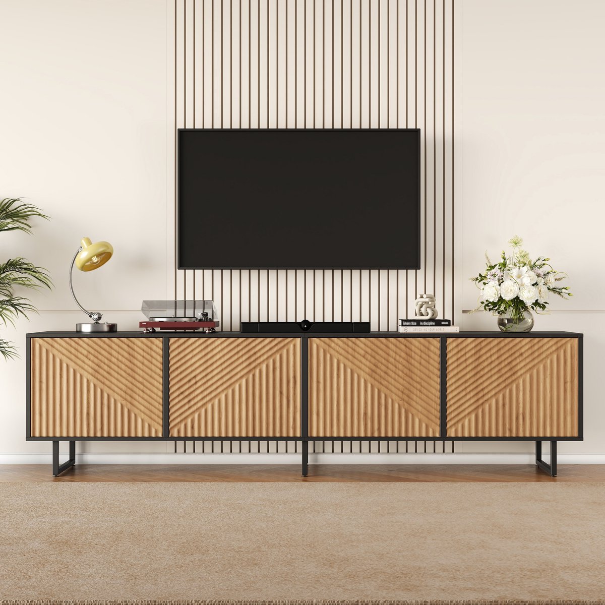 PHOEBE CAT TV-meubel - 4 deuren - Geschikt voor een 80 inch TV - 180 x 40 x 50 cm - Naturel + Zwart