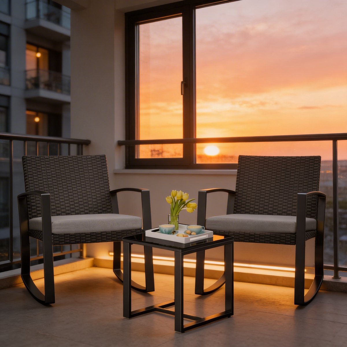 Bealife WR210 Garden Tuinset - 3 Delige Stoel Loungesets - Rieten Patio Set 2 Persoons met Salontafel - Bistroset van Rotan Patio Stoelen voor Balkon, Veranda, Tuin, Zwembadzijde -68x58x73cm -Grijs