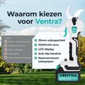 Elektrische snoeischaar met wit met zwart handvat en turquoise details, naast een lijst met voordelen zoals een LCD-scherm en 35mm snijcapaciteit.