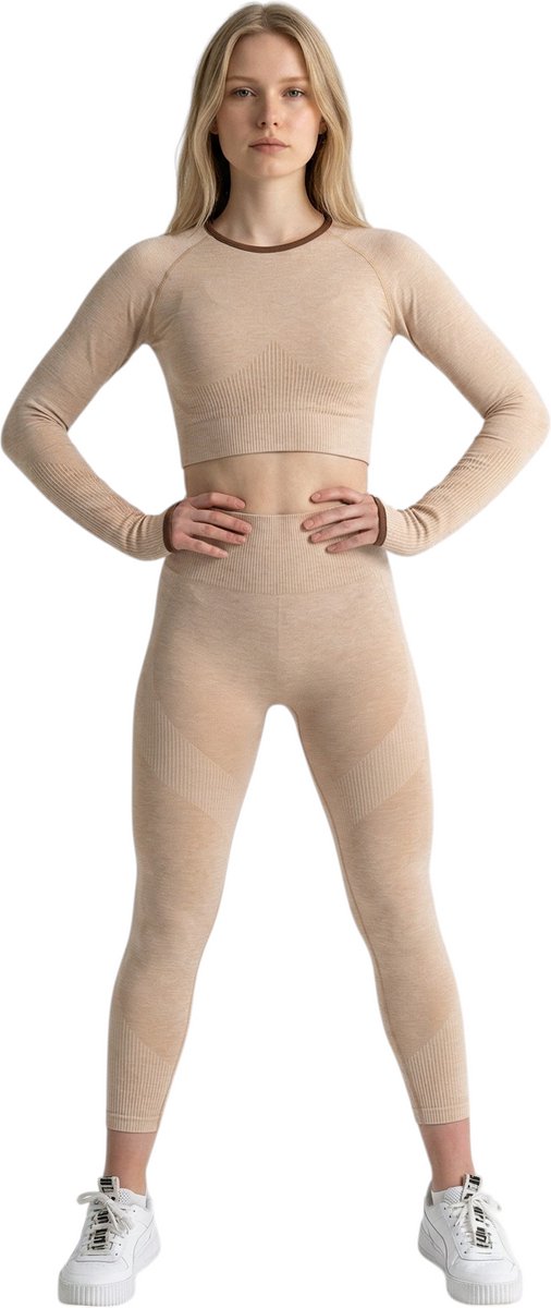 Mives® Sportlegging en Top - yoga-outfit - Fitness set - Scrunch Butt - Dames Legging - Sportkleding - Fashion legging - Sport Broeken - Gym Sports - Fitness Wear - High Waist - BEIGE - maat S - LANGE MOUW
