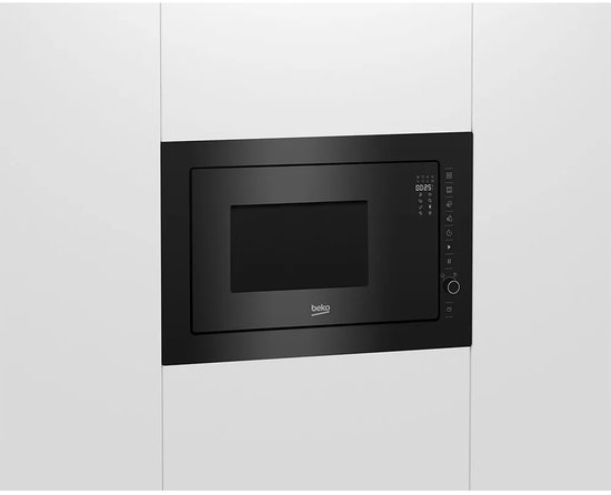 Zwarte Beko inbouwmagnetron met digitale display en bedieningspaneel aan de rechterzijde.
