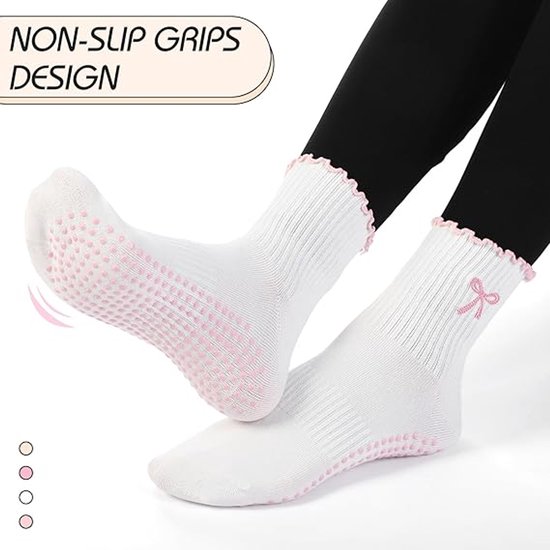 4 paar - Sportsokken - Yoga Sokken - Sokken Dames met ruches - Antislip Sokken - Yoga Pilates Sokken met Grip - Antislip Katoenen Sokken - Pilates - Fitness Sokk - dichte tenen - schattige pilates sokken - Dames hoge Pilates antislip sokken van Merkloos — afbeelding 4