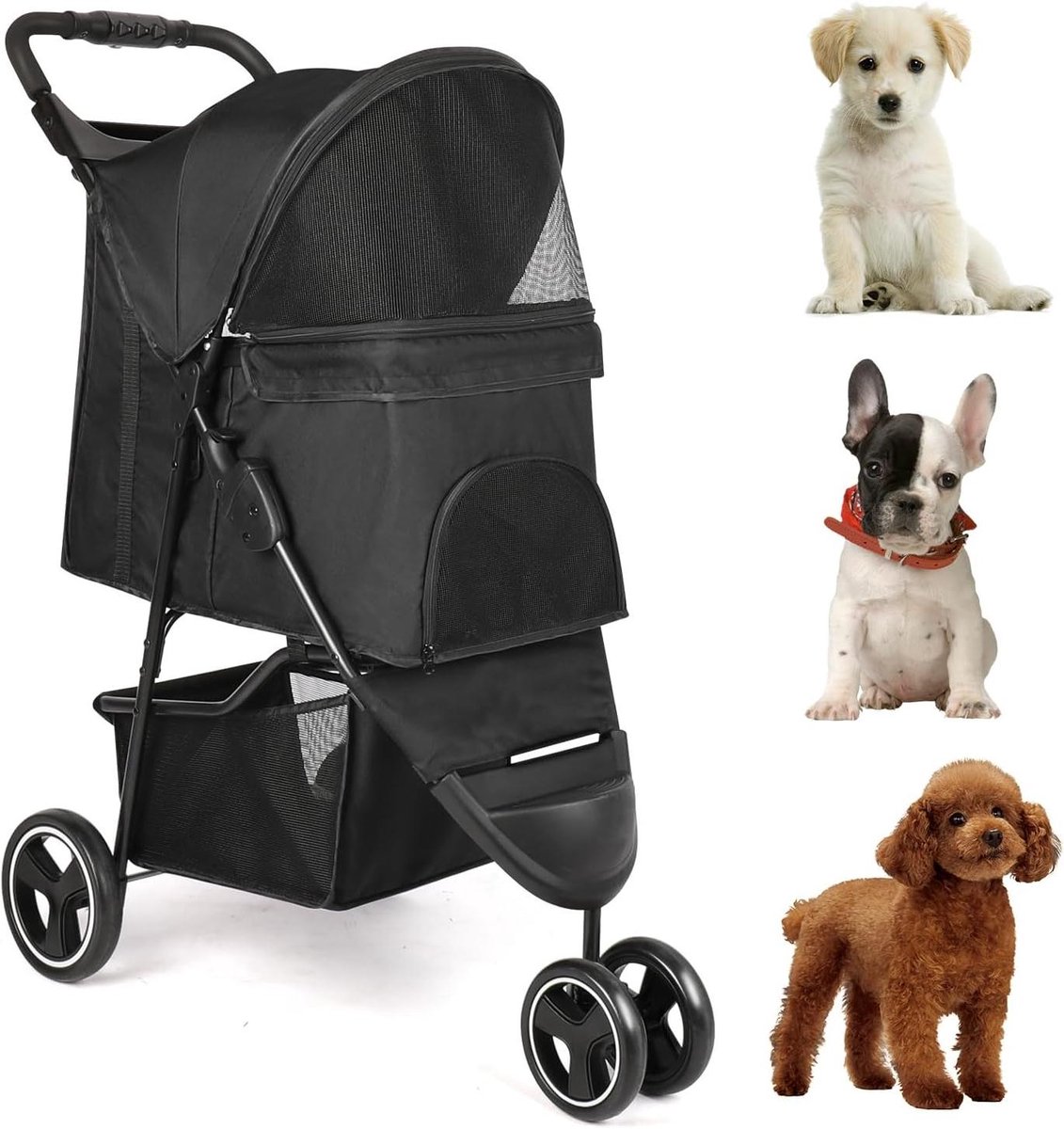 Huisdieren Kinderwagen - Hondenbuggy - Reizen met Huisdier - Opvouwbaar met 3 Wielen - Tot 13.6 kg - Zwart
