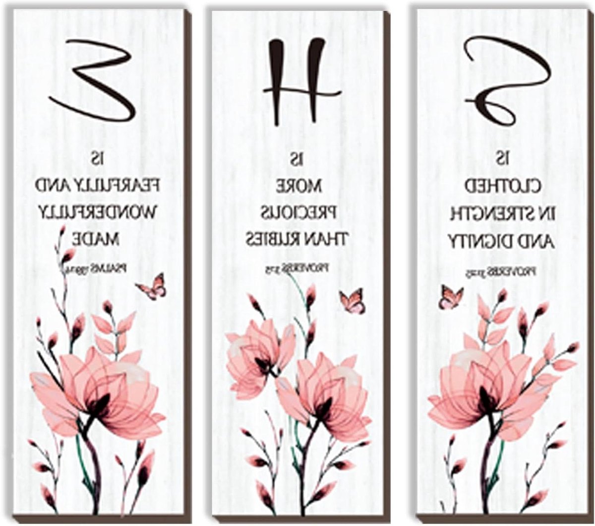 Bloemen Wanddecoratie - Inspirerende Citaten - Woonkamer Decoratie - Set van 3 Stukken - 30x10 cm - Roze