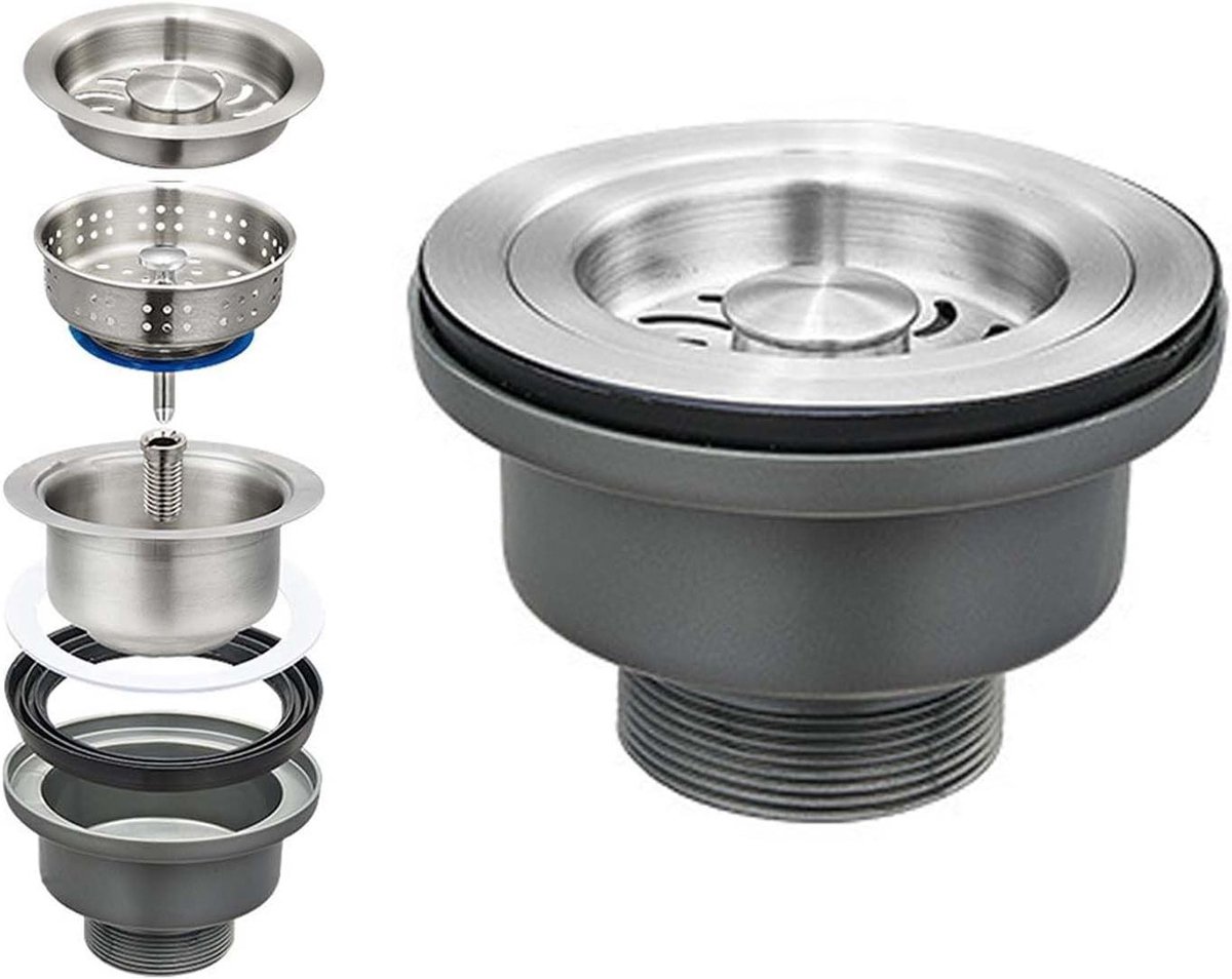 Aanrecht Afvoer Kit - Spoelbak Zeef - Keuken Afvoer - Roestvrij Staal 304 - 3-1/2 Inch - Grijs
