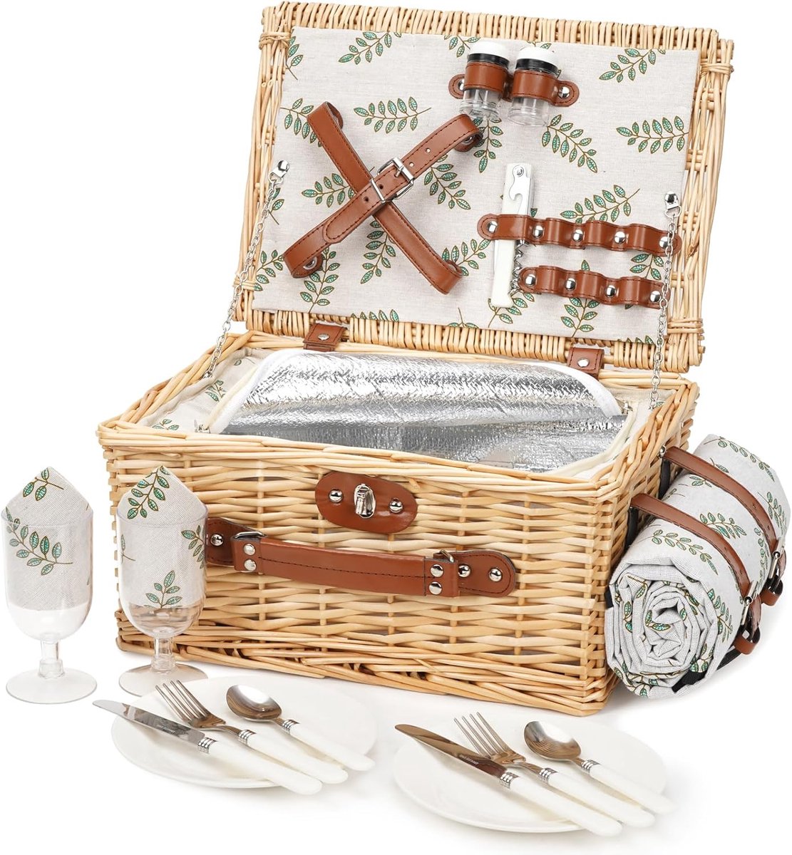 Picknickmand met Koelvak en Waterdichte Picknickdeken voor 2 Personen - Picknick Mandje - Boodschappenmand - Fruitmand - Winkelmand - Leer / Wilgenhout - Blad - 19 x 27 x 19 cm - van Imperatoris