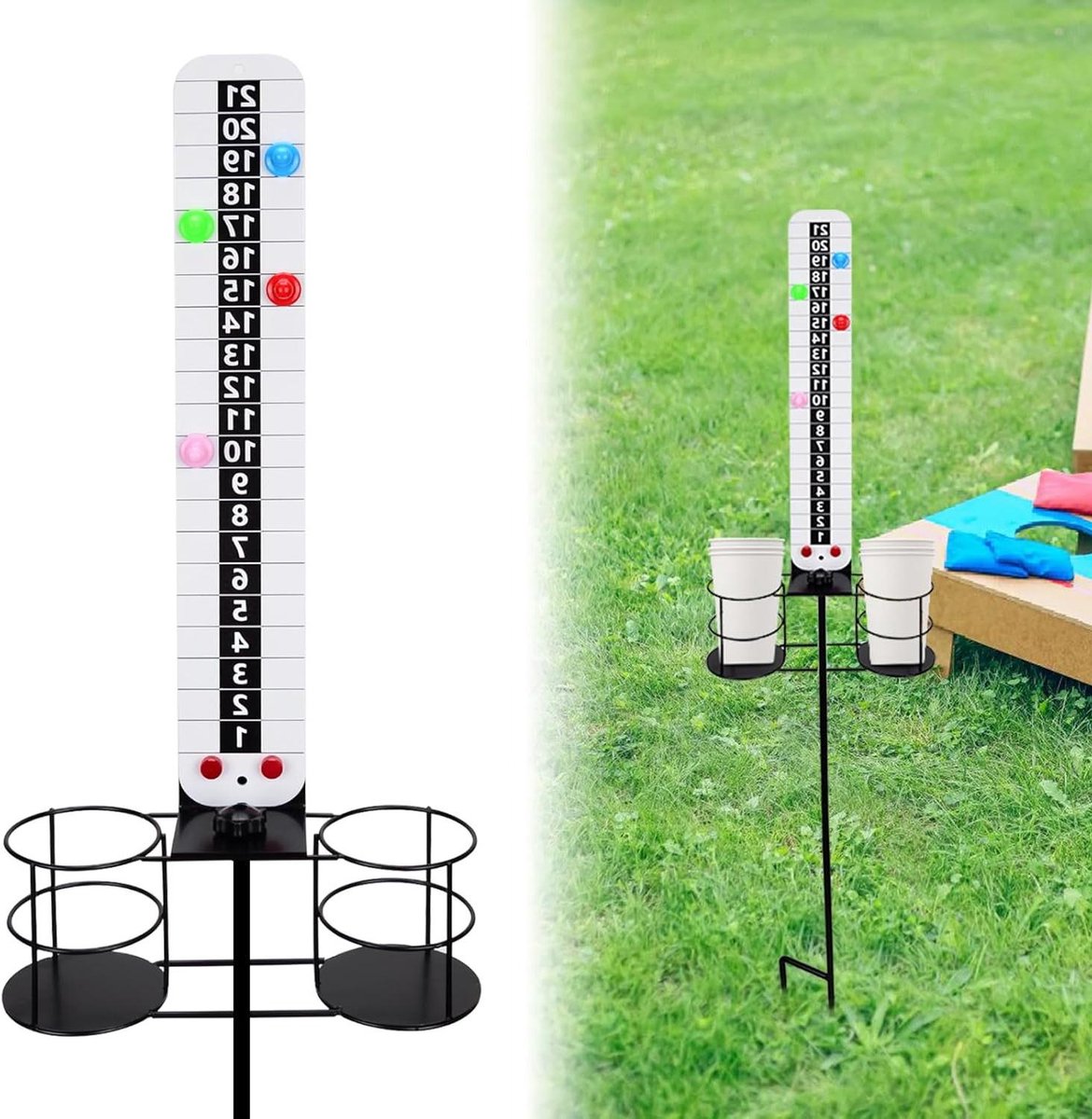 BOOSTEADY Metalen Cornhole Scorebord met Bekerhouders, Corn Hole Score Keeper met Magneet voor Outdoor Yard Lawn Game