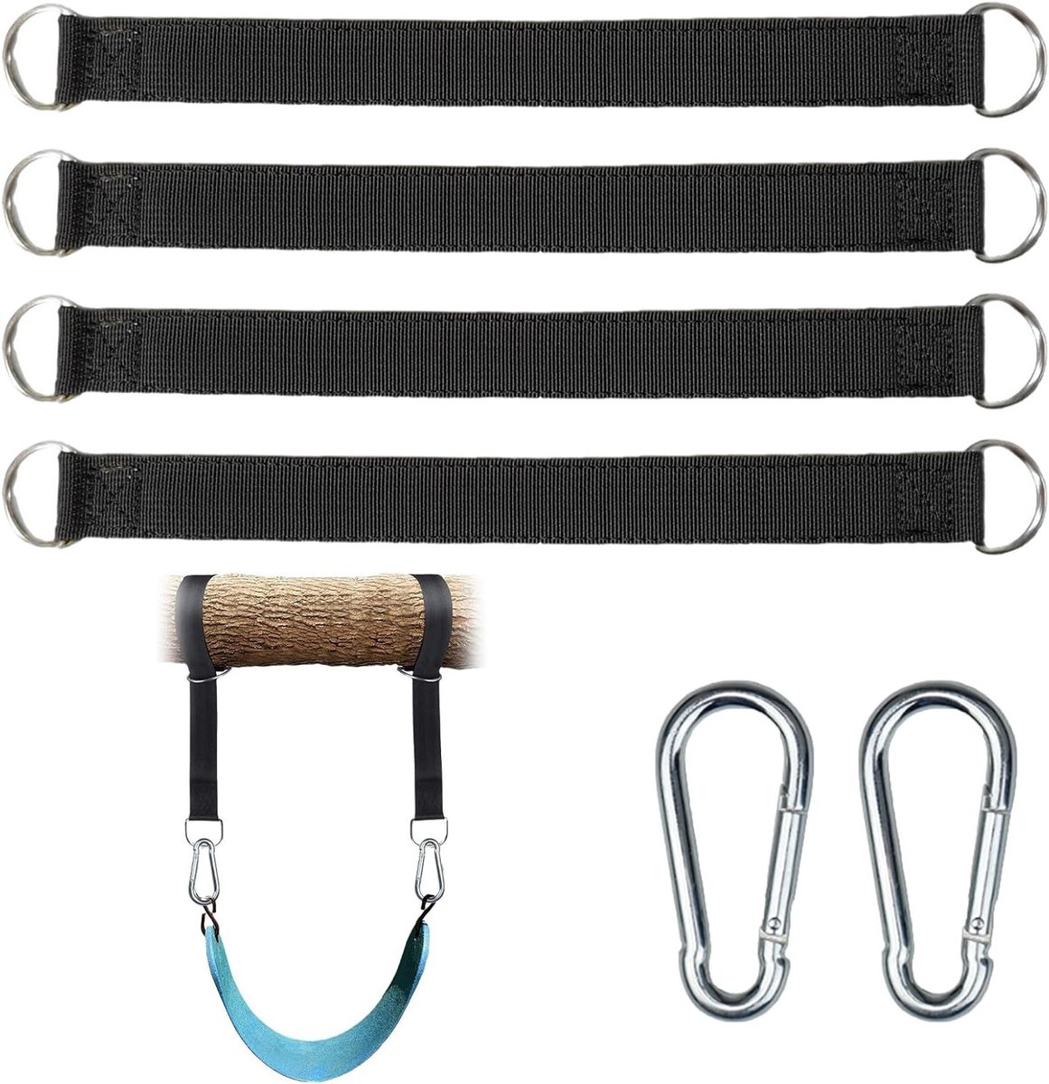 4 x Hangmatbanden en 2 x Schommelhaken met 2 Carabiners en D-Ringen, Duurzame Bevestigingsset voor Tuin en Kamperen, Ideaal voor Buitenactiviteiten en Ontspanning