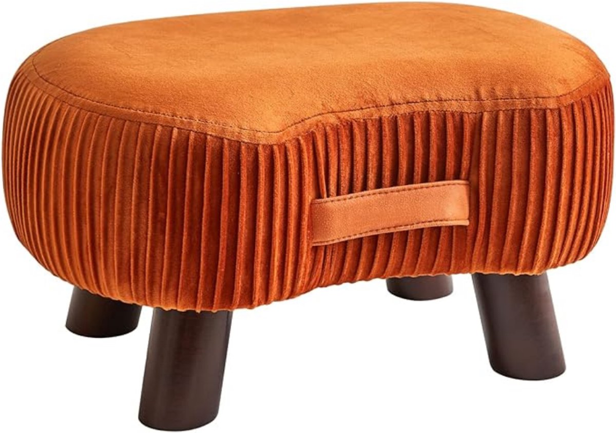 Verte Voetenbankje - Voetenbankje - Houten Poef - Klein Gebogen Voetenbankje met Handvat - Bankpoef met Zacht Zitkussen - Voor de Slaapkamer - Woonkamer - Hal - 40×28×23 cm - Oranje