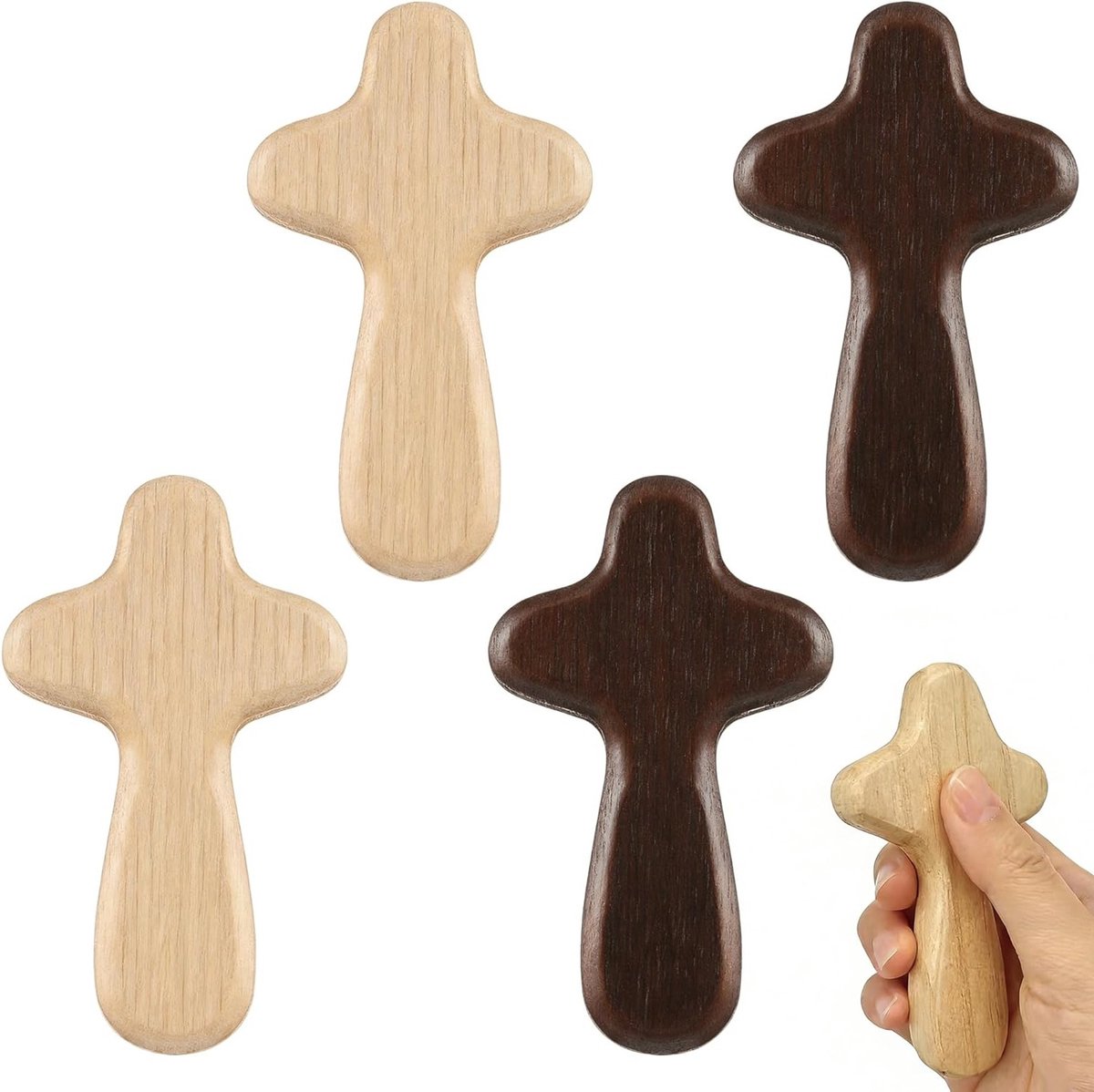 4-delige Houten Beschermende Draagbare Duimkruis Set - Handgemaakt voor Stressverlichting en Geloofsversterking, Perfect als Geschenk voor Communie en Doop