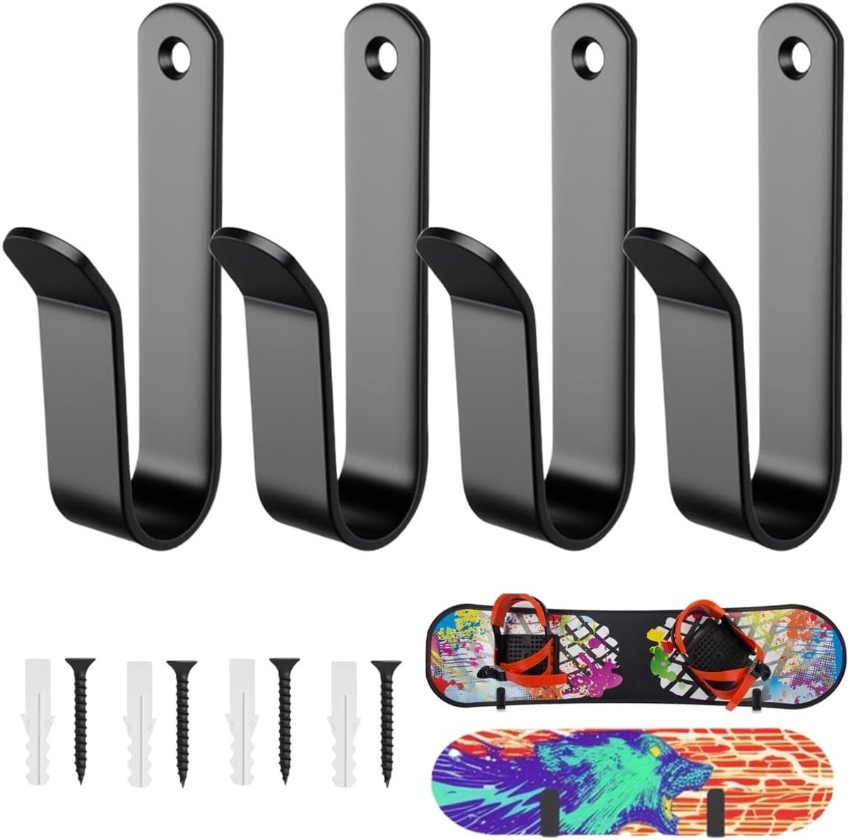 4x Zwarte Wandbeugels voor Snowboard, Skateboard & Longboard - Stevige Metaloppslag