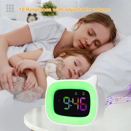 Kinderwekker Nachtlamp - Digitale Klok - Wakker Worden - RGB Kleuren - 12/24 Uurs - Wit — afbeelding 5
