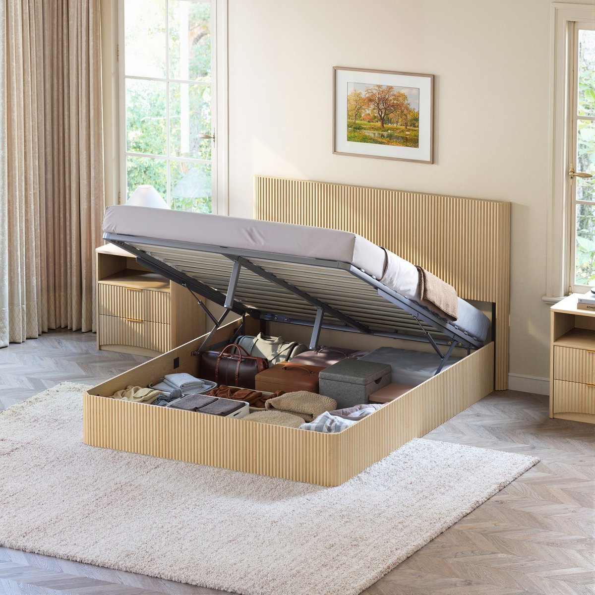 Bed 160x200 cm - Opbergbed met Hydraulisch Systeem en Lattenbodem - Geribbeld Design - Licht Eiken