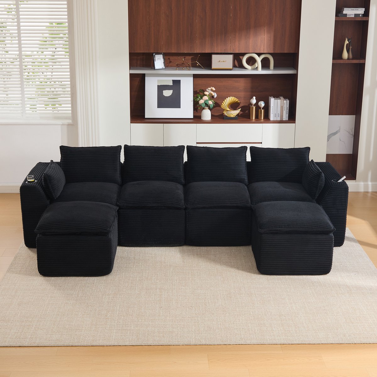 FloraGrace Bank Set 322 Cm - Modulaire 4-Zits Met 2 Voetbanken, Kussens, Bekerhouder En Zijvakken - Voor Woonkamer Of Kantoor - Corduroy - Zwart