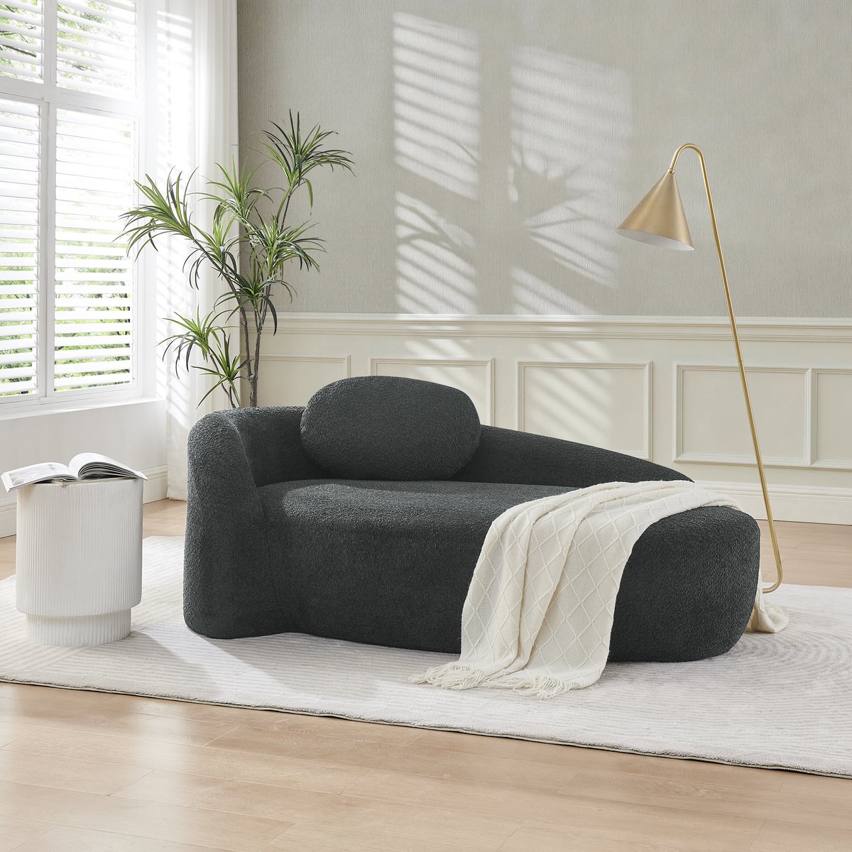 FloraGrace Zitbank – 1-Zits Teddybank 170 x 96 cm – Rond Design Met Kussen – Zacht En Compact Voor Woonkamer, Slaapkamer Of Studio – Teddy – Zwart
