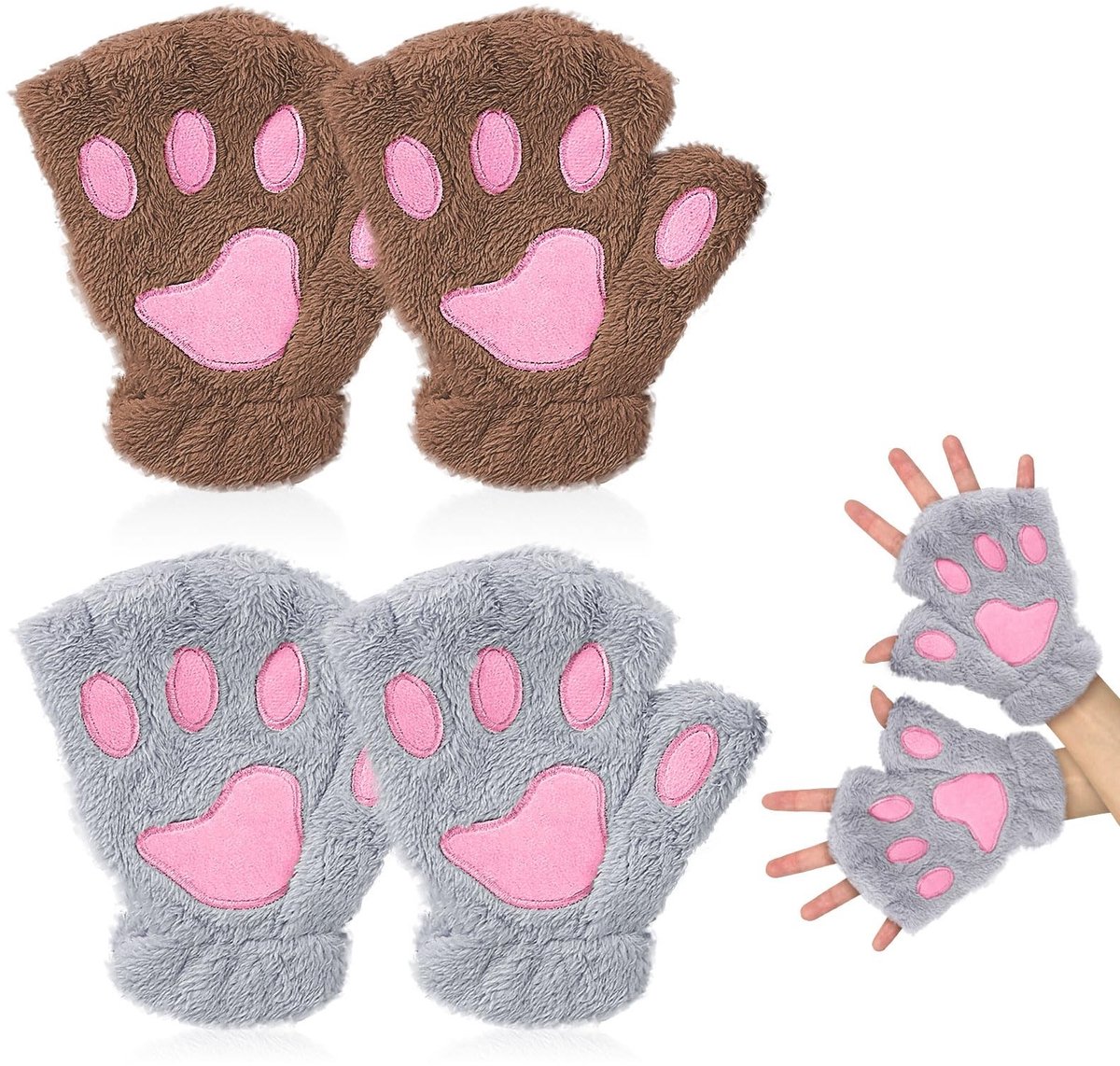 Dailygoods- Winterhandschoenen Dames - 2 Paar Vingerloze Handschoenen - Pluche Kattenpoothandschoenen - Warme Winterhandschoenen - Kaki/Grijs - Hoogwaardig Materiaal