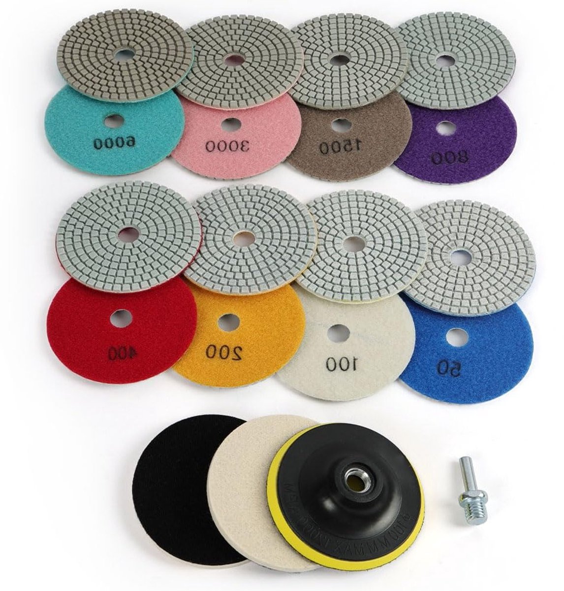 Set van 8 Diamant Polijstschijven 4 inch, Nat/Droog, #50 – #3000 voor Graniet, Steen, Beton en Marmer Polijsten