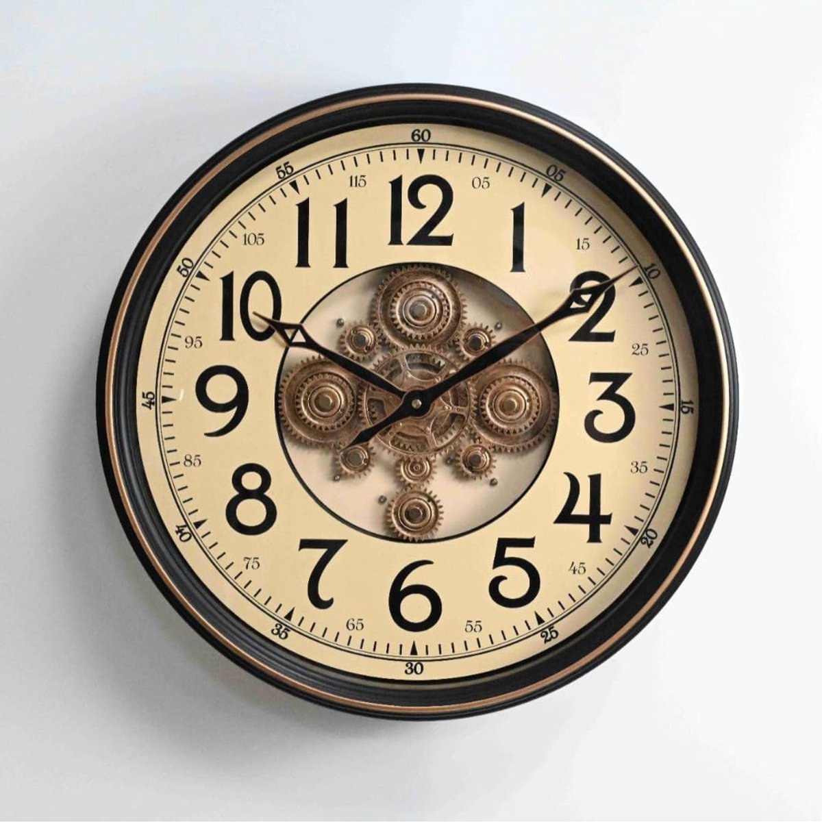 Wandklok - Klok met tandwielen - Decoratie aan de muur - Draaiende tandwielen mechanisme - 50 cm diameter - Donker beige