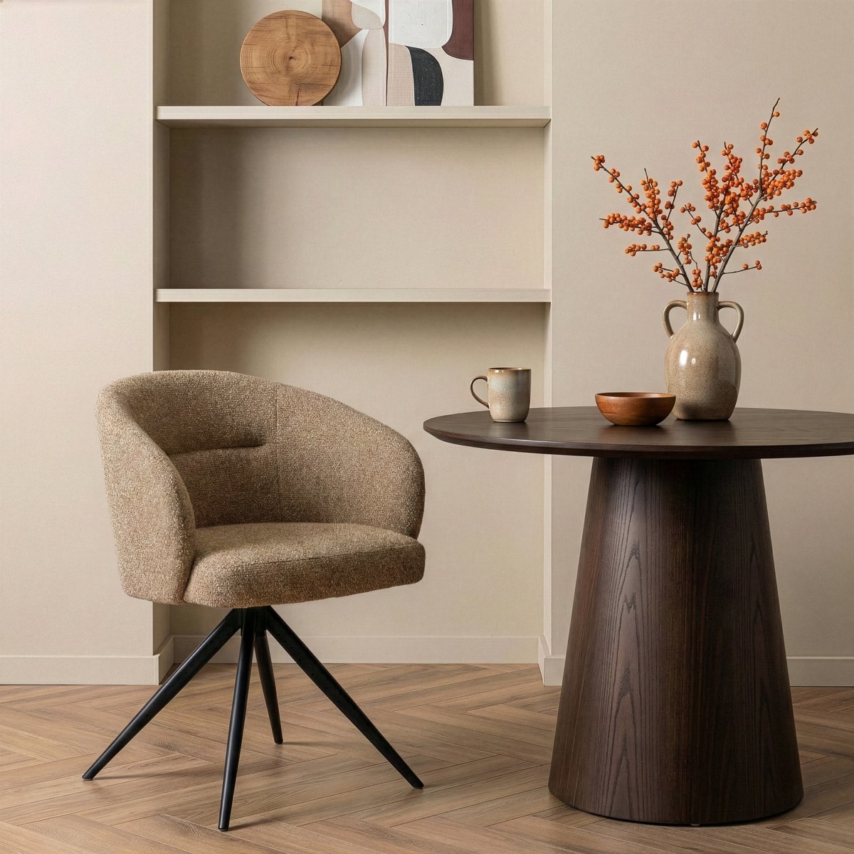 Woonexpress Draaibare Eetkamerstoel Connor - Textiel / Metaal - Mosterdbruin / Zwart - 62x79x59 cm (BxHxD) Bruin/Oker
