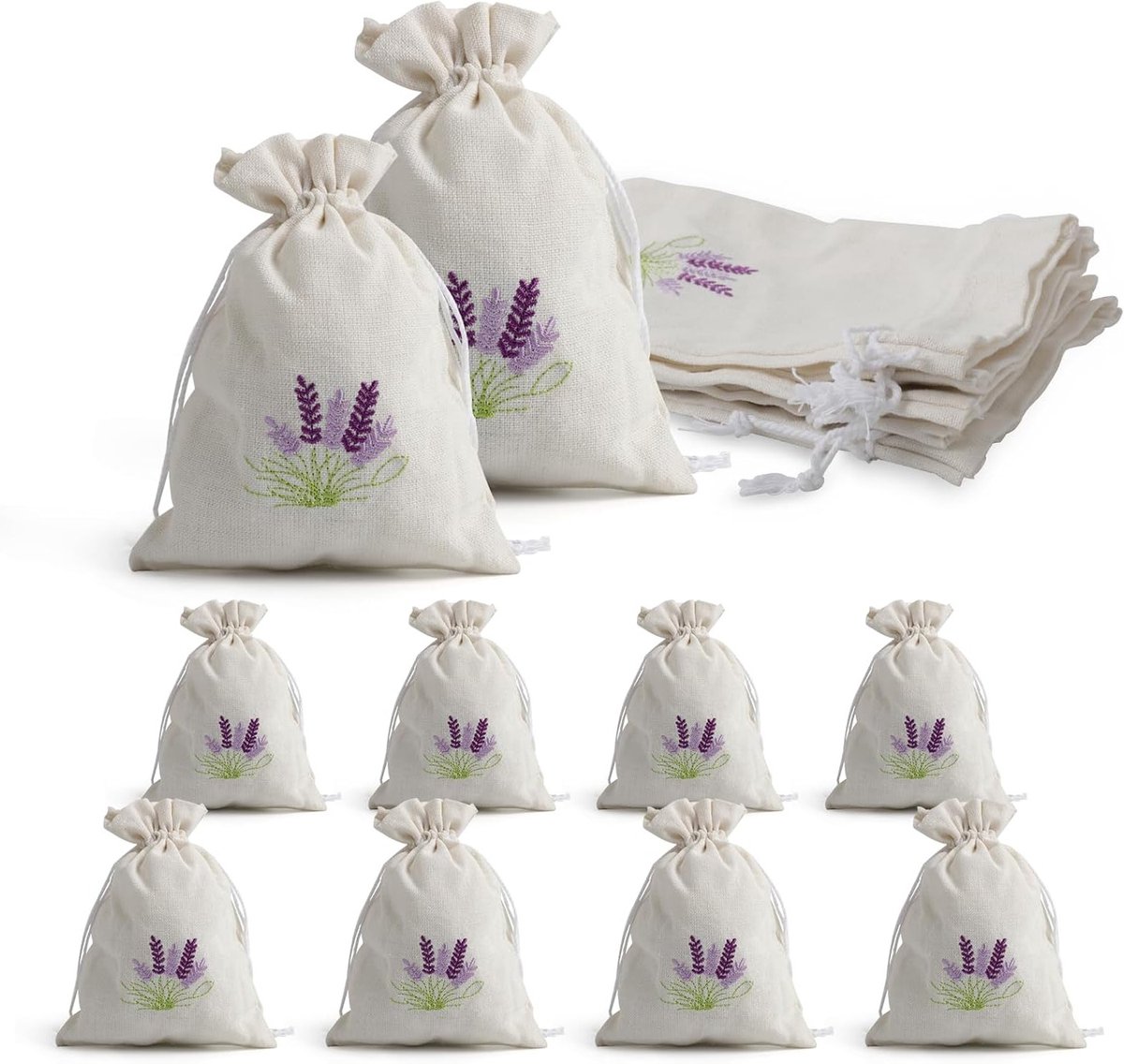 Set van 8 Lege Lavendelzakjes met Touwtjes voor Geuren, Kruidenspecerij en Vanille, Wit Stof, Klein Formaat (4 x [13 x 18 cm] + 4 x [10 x 14 cm])
