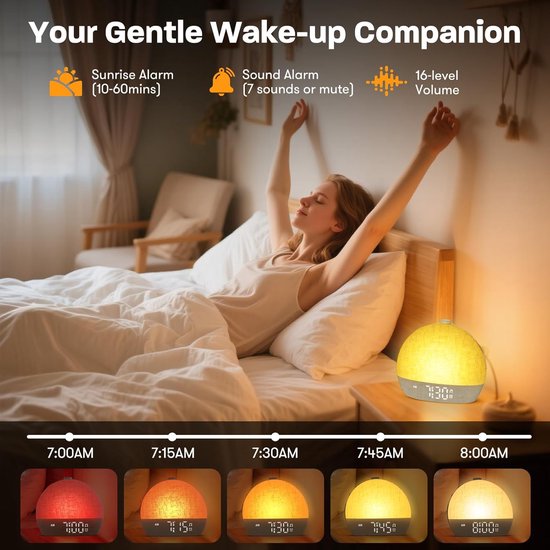 Wekker met Licht - Natuurlijk Ontwaken - Zacht Wakker Worden - Simuleert Zonsopgang - 30 Natuurgeluiden - Geel — afbeelding 4
