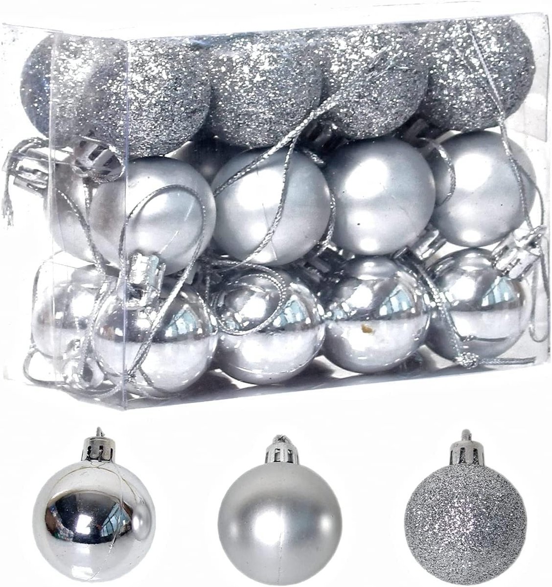 Kerstballen set van 24 stuks, 3 cm, shatterproof, voor kerstboom en feestdecoratie, glanzend en mat (Zilver)