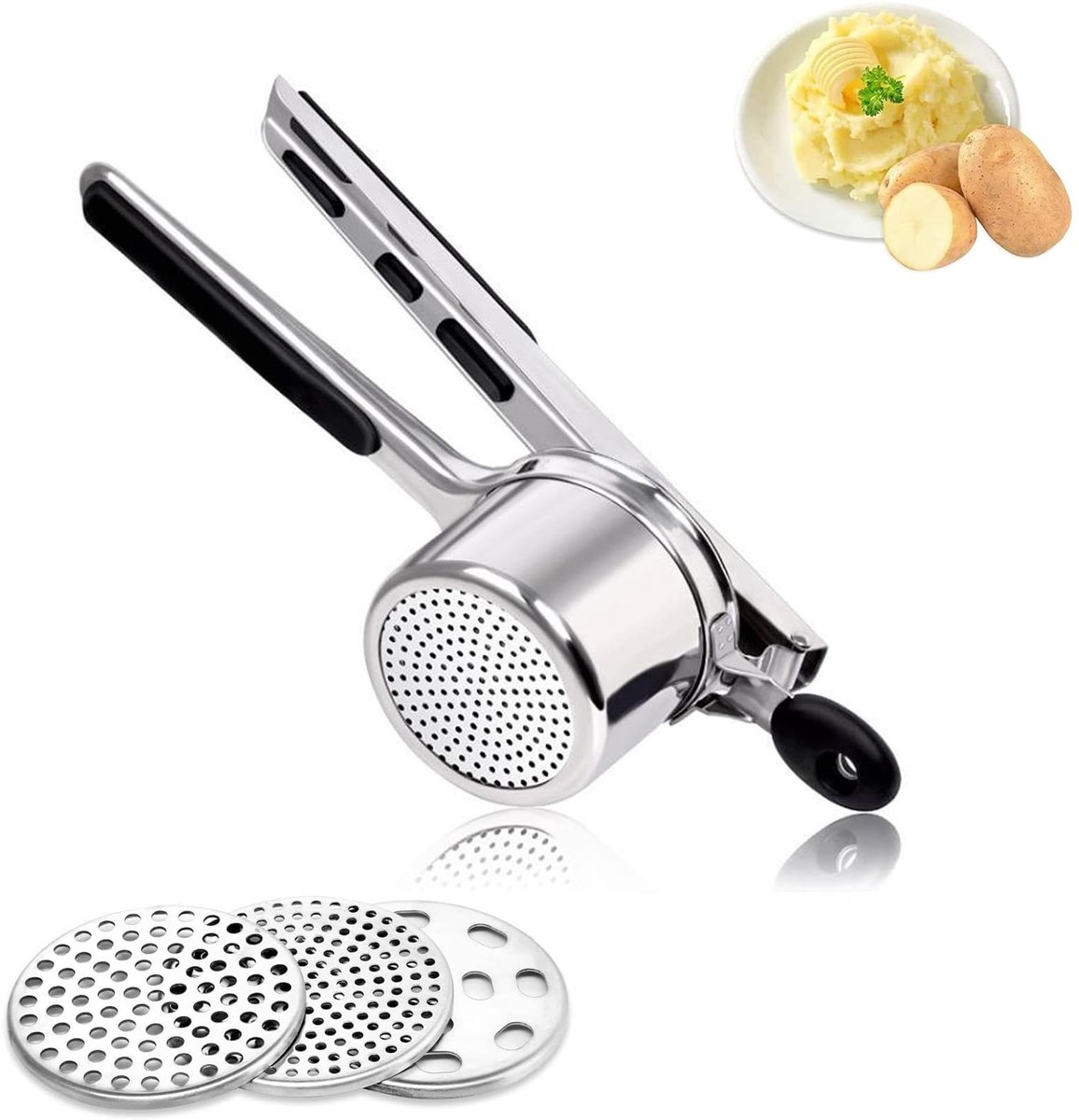 Dailygoods- Aardappelstamper Roestvrij staal - Multifunctioneel - Knoflookpers - Pastapers met 3 Zeven - Vaatwasmachinebestendig - Ergonomisch ontwerp - Pureestamper