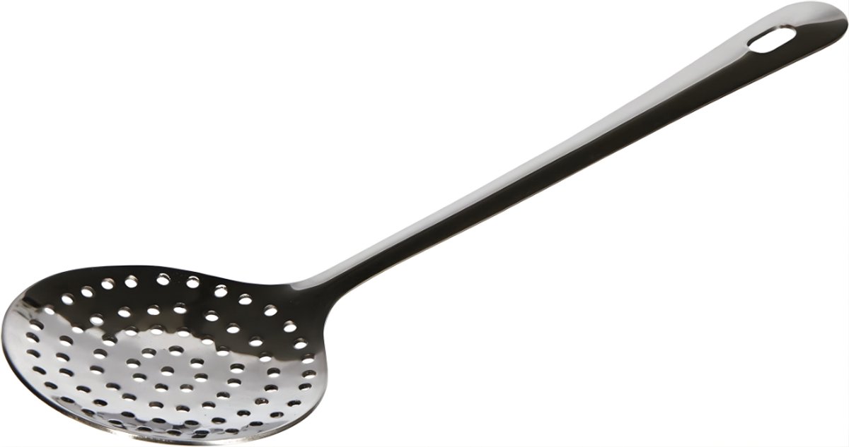 KAD® Spatel - Schuimspaan – RVS Keukenhulp – Hittebestendig – Voor Soepen & Frituren – Met Extra Lange Steel - Zilver - 33cm x 7cm x 2cm