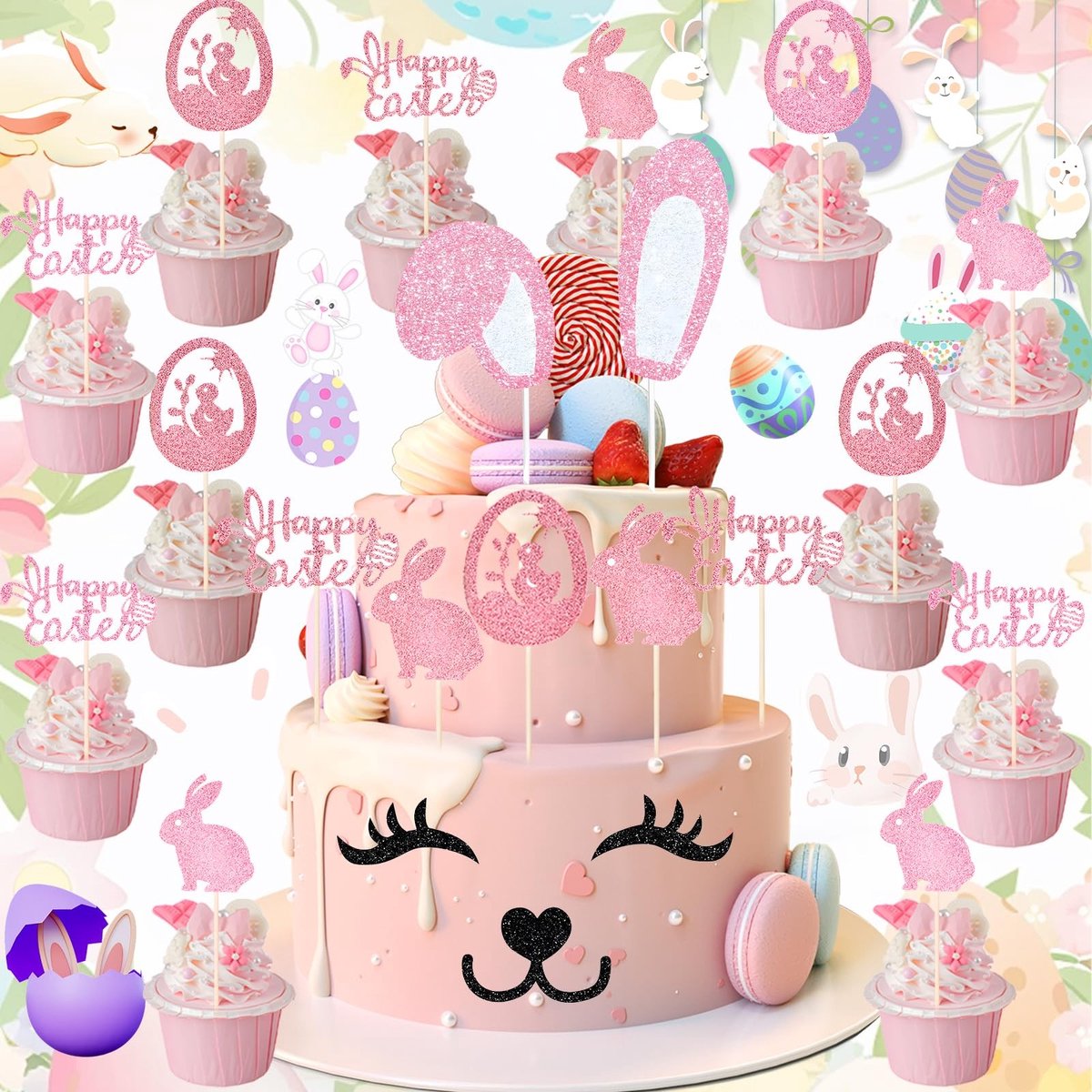 LAUZY- Taartdecoratie 17 Stuks - Konijn Cupcake Toppers - Herbruikbare Paastaartdecoratie - Bunny Oren - Veilig en Betrouwbaar - Felle Kleuren - Taartversiering