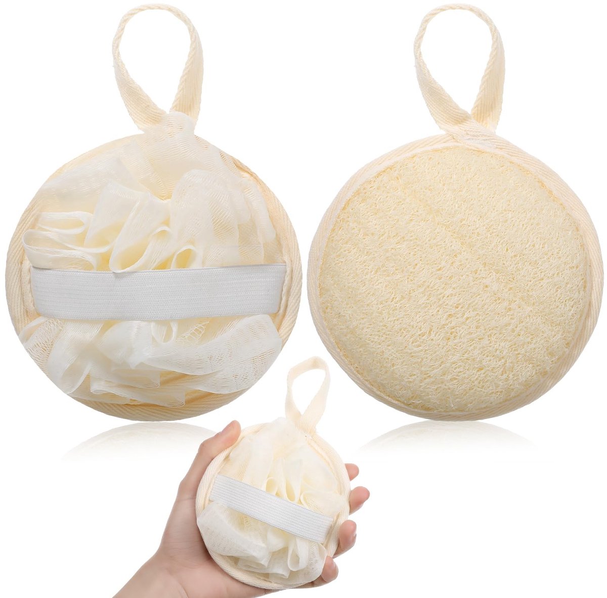LAUZY- Luffah-spons 12,5 cm - Natuurlijke Spons - Lichaamspeeling - 2 Stuks - Met Ophangring - Huidvriendelijk Materiaal - Peelingspons