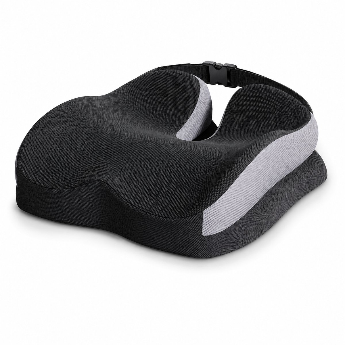 Gloovon® Zitkussen Bureaustoel - Traagschuim & U-Vorm Ontwerp - Ademend Stuitkussen Met Anti-Slip En Riem - Zwart 46x42 cm