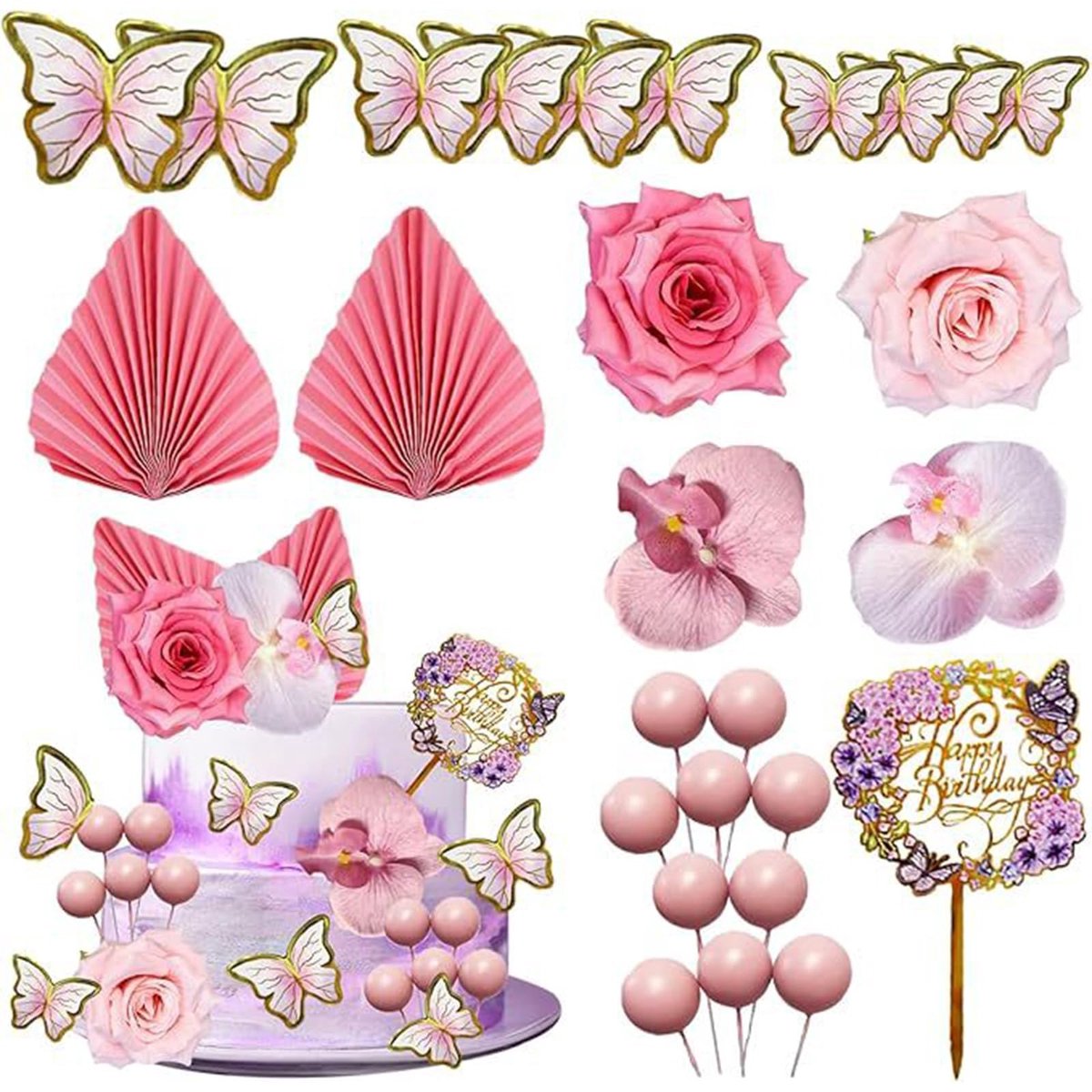 JHUBERS- Taartdecoraties 27 Stuks - Bloemtaartdecoraties - Roze Boho Taartdecoraties - Taarttopper - Kunstmatige Bloemen - Papieren Vlinders - Inclusief Gelukkige Verjaardag Taarttopper - Taartversiering