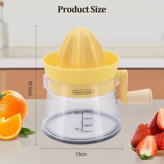Handmatige sapcentrifuge - Handheld - Kleine sapcentrifuge - Keukenaccessoire - Geschikt voor het persen van sinaasappels, citroenen en andere citrusvruchten (geel) - 13*16,5 cm - 500 ml — afbeelding 2