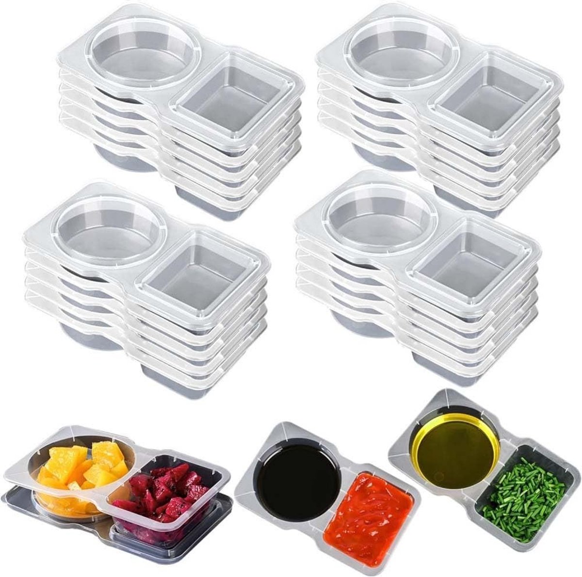 Dailygoods- Kruiderijcontainer met dubbele compartimenten - Herbruikbare Snackcontainer - Draagbare Sauskruiderij - Vaatwasserbestendig - Lichtgewicht - Transparant